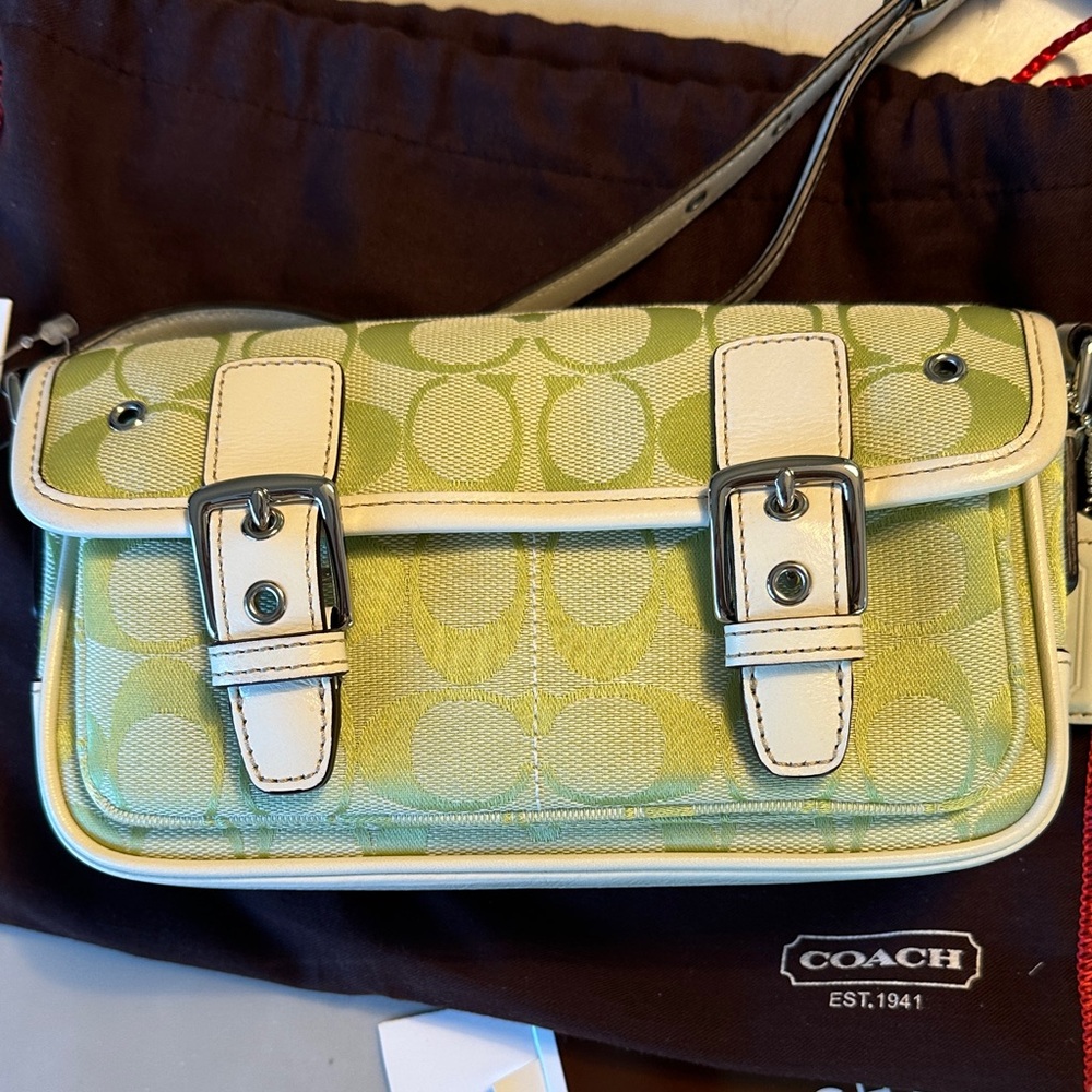 COACH Light Green Signature Jacquard Crossbody with White Trim mid century vibe